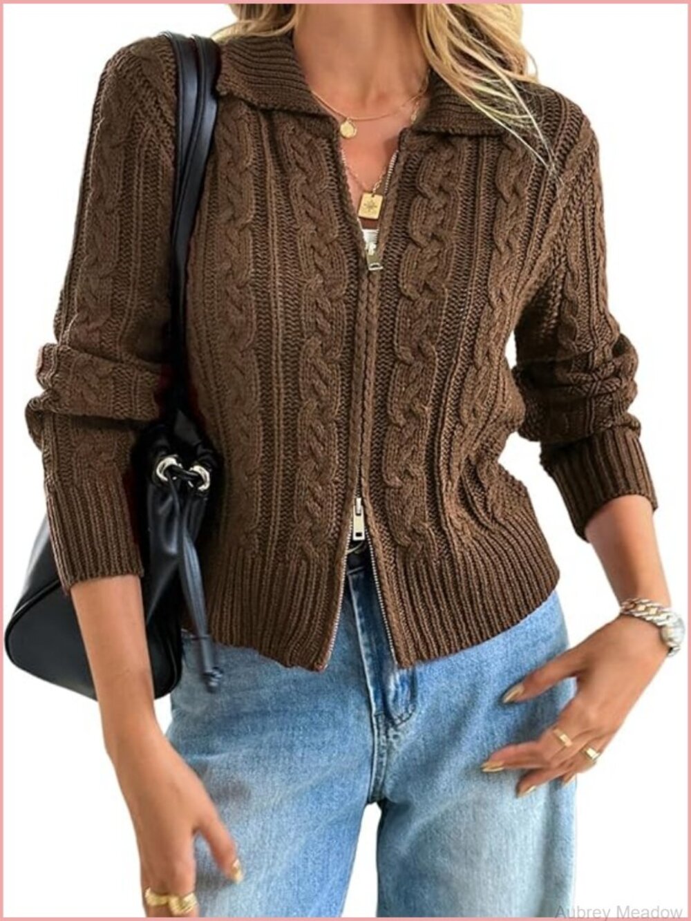 Women Cable Knit Crop Cardigan Zip Up Chunky Y2k Grunge Aesthetic